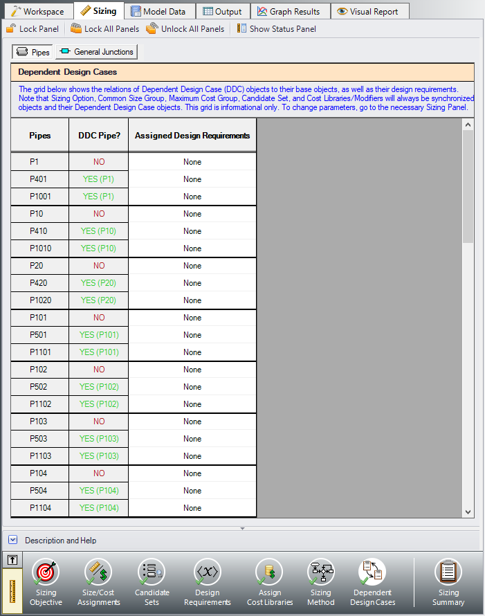 The Dependent Design Cases panel of the Sizing window.